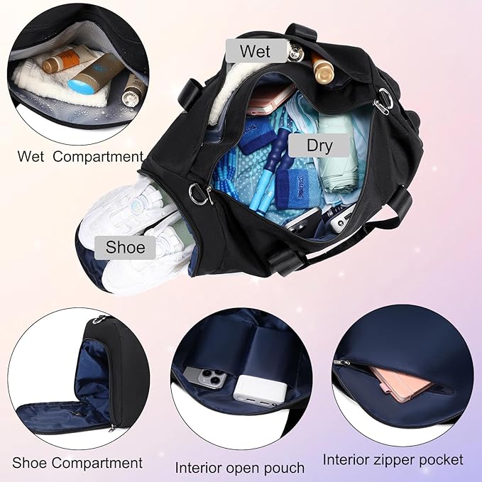 Dance Bag for Girls Duffle Bag Girls Overnight Bags Ballet Sleepover Gym Gymnastics Bags with Shoe Compartment and Wet Pocket,Black