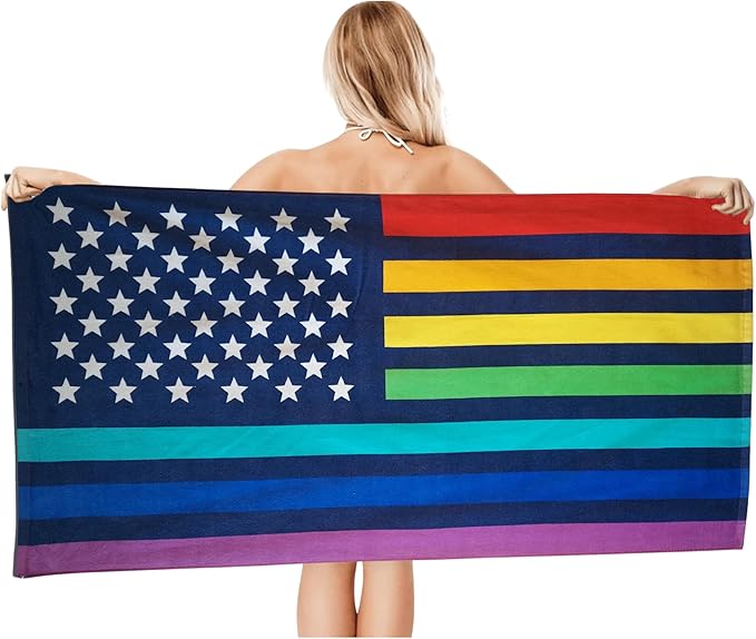 Neon Pride Flag Beach Towel 30”x60” - Soft Cotton Velour, Highly Absorbant, Quick Dry, Easy-Pack for Spring Break, Vacation, Beach, Pool - Lightweight, Compact for Travel - Novelty LGBTQ Gift