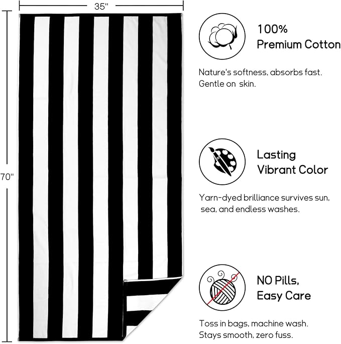cabanana Large Oversized Beach Towel - 35 x 70 Inch Cotton Pool Towel, Black Striped Soft Cabana Swim Towel