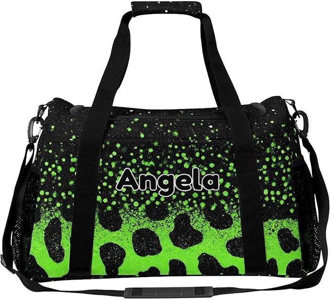 Green Leopard Bling Print Personalized Travel Bag with Name for Women Men Custom Duffel Bag Weekender Bags Sports Tote Gym Bags