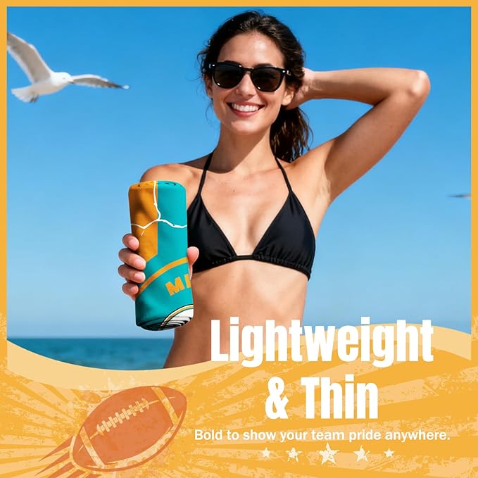 Football Fan Thin Lightweight Microfiber Beach Towel Miami Themed Large Sand Free Oversized Absorbent Men Women Gear Dolphins Team Dad Husband Guy Him Birthday Anniversary Personalized Unique Gift