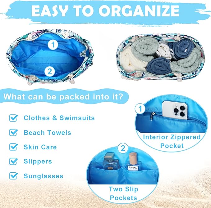 Kasqo Beach Bags for Women, Large Waterproof Beach Bag Tote Zipper Swim Pool Bag with Small Pouch for Grocery Travel Vacation