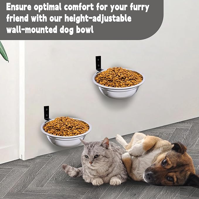 Wall Mounted Dog Bowls-2 * 29 Oz, 304 Stainless-Steel Raised Adjustable Height Dog Food and Water Bowls, Elevated Pet Comfort Feeding Bowl for Medium Large Dogs Cats(Collapsible)