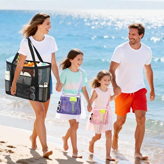 Mesh Beach Bag, Large Beach Tote with Zipper Pocket, Toys Pool Bag for Family Travel Vacation Cruise Essentials