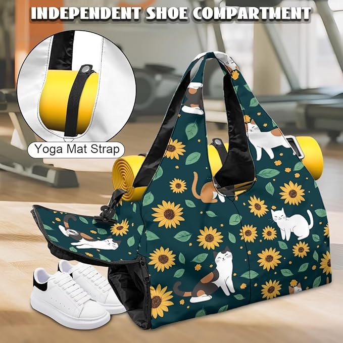 Cute Cat Workout Bag for Women with Yoga Mat Holder and Shoe Compartment Sunflower Gym Bag Water Resistant Gym Duffel for Swimming, Stylish Fitness Green Duffel Bag