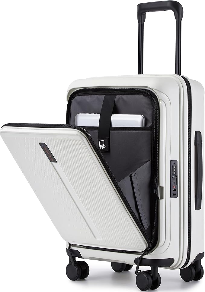 20“ Expandable Carry on Luggage Front Opening, 22x14x9 Airline Approved Hardshell Spinner Suitcase with Wheels, TSA Lock, Lightweight Travel Luggage (White, 20 inch)