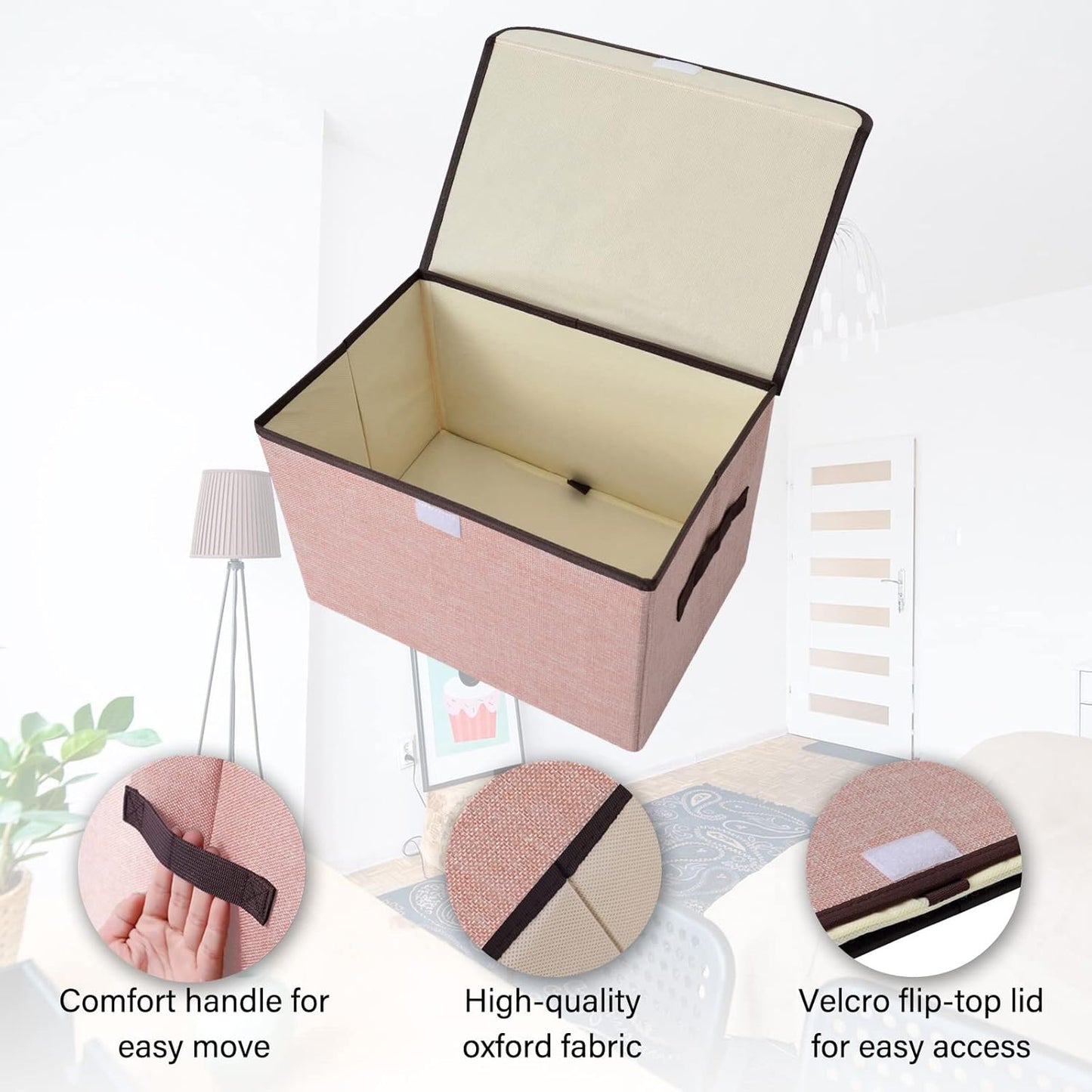 Linen Fabric Foldable Storage Cube Bin Organizer Basket with Flip-Top Lid & Handles, Large Clothes Blanket Box for Home, Office, Closet, Gray & Pink, 4 Pack 14.6 x 9.5 x 9.5”