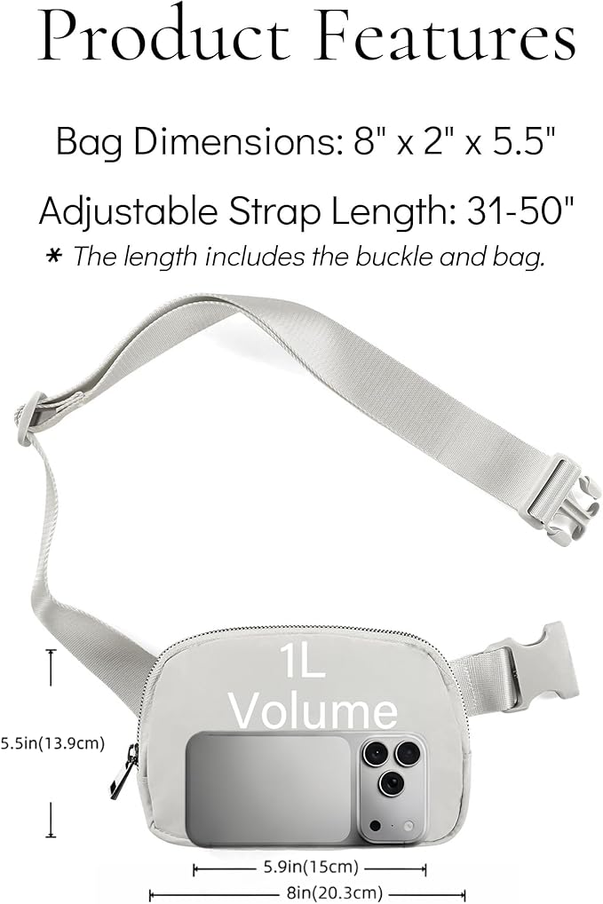 Fanny Pack Crossbody Bag Trendy Waterproof Small Sling Cross Body Purse for Women Men Fashion Waist Packs Mini Belt Pouch Chest Bum Hip Bag Lulu Dupes for Travel Vacation Running Ash