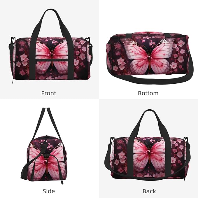Sports Gym Bag Pink Cherry Blossom Floral Butterfly Travel Duffel Bag With Shoe Compartment Shoulder Strap, Lightweight Water-Resistant Weekend Overnight Totes For Women Men