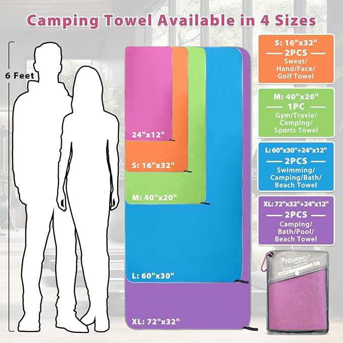 SYOURSELF 2 Pack Microfiber Towel, Quick Dry Towel Travel Towel, Super Absorbent Compact Camping Towel Large Beach Towel Oversized Sport Towel for Backpacking Pool Workout Bath(XL:72"x32"+12"x24")