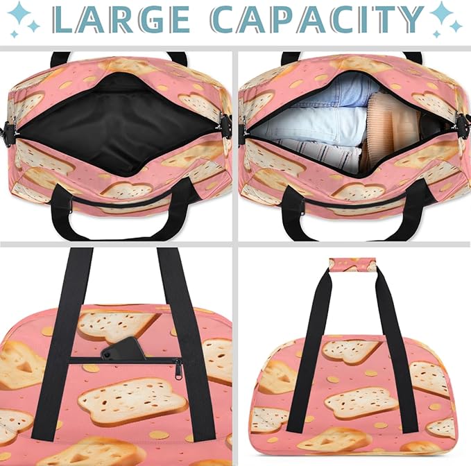 Duffle Bag for Women Men, Pink Bread Gym Bag for Travel Sports, Lightweight Waterproof Weekender Overnight Bags with Adjustable Strap