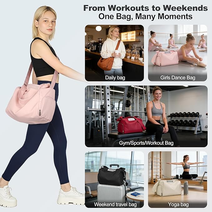 Women's Mini Gym Bag Crossbody, Everyday Sling Duffel with Shoe Compartment & Wet Pocket, Water-Resistant Travel Bag, Soft Pink