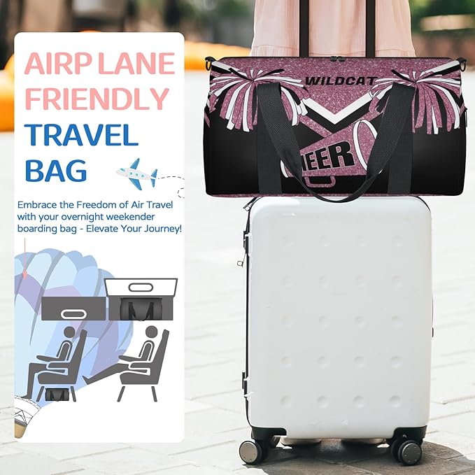 Custom Gym Dance Bag Cheerleading Theme, Personalized Dark Pink Glittering Cheerleader Sports Bag for Teens Waterproof Weekender Carry Practice Travel Tote