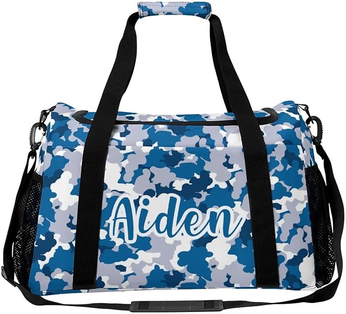 Blue Grey Camouflage Camo Pattern Shoe Bag Waterproof Travel Bag Duffel Bag Adjustable Shoulder Strap Perform Training for Women Men Casual Bag
