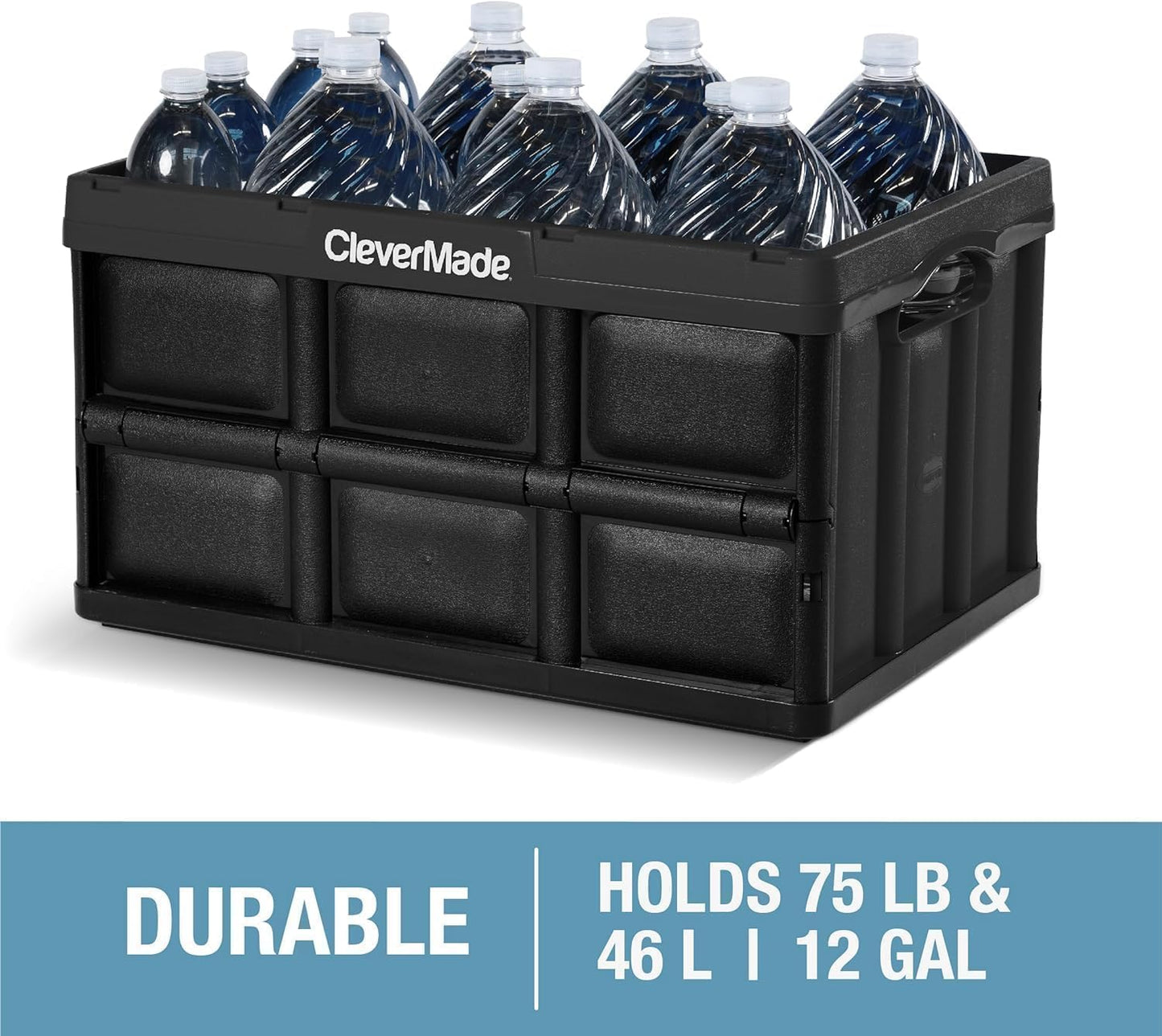 CleverMade Collapsible Storage Bins - Ocean 3 Pack 46L / 12 Gal holds 66 lbs - Stackable Containers Heavy Duty Capacity Crates Space-Saving