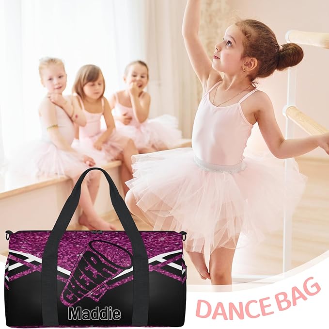 Personalized Travel Bag Cheerleading Team Name, Cheerleader Dance Bag Gym Weekender Bags Sports Tote Duffel Bag, DarkMagenta Purple Glitters
