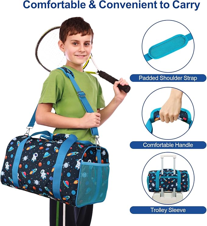 Bagseri Boys Duffle Bag for Travel - Kids Gym & Sports Bag with Shoe Compartment & Water Resistant Wet Pocket, Weekender for Camping & Sleepover (Blue Space Astronaut)