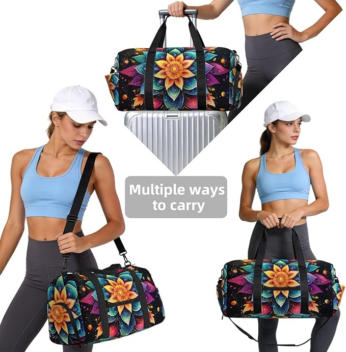 Sports Gym Bag Colorful Boho Mandala Flower Art Painting Travel Duffel Bag With Shoe Compartment Shoulder Strap, Lightweight Water-Resistant Weekend Overnight Totes For Women Men