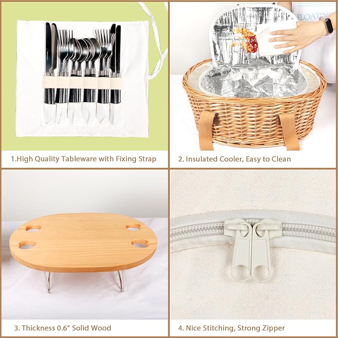 Hap Tim Wicker Picnic Basket Set for 4 with Mini Folding Wine Picnic Table & Large Insulated Cooler Bag & Cutlery Service Kits for 4 Person, Couples Gifts, Wedding Gifts (Y2209-4-CM)