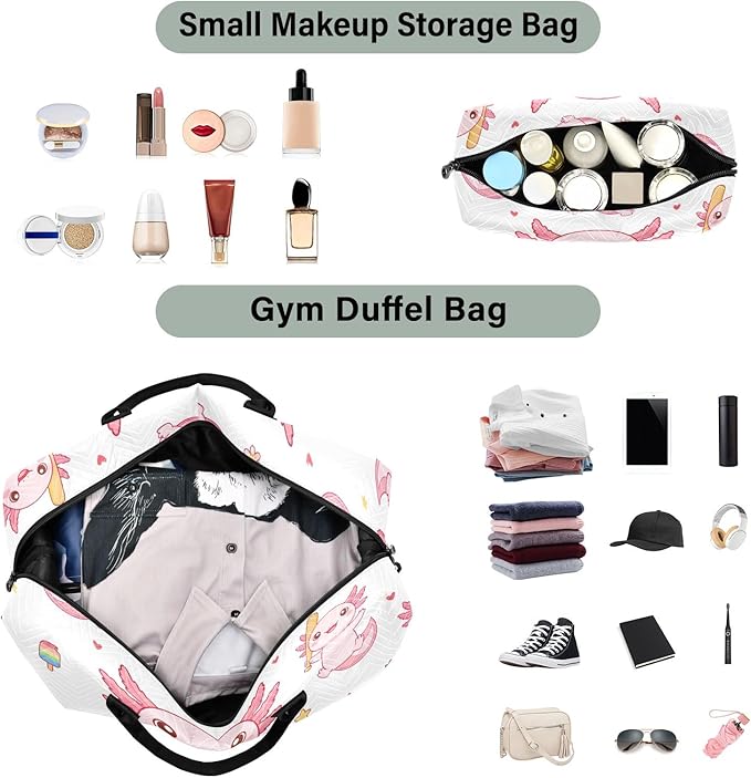 Travel Duffle Bag, Cute Axolotl Donut Gym Bag with Storage Bag Weekender Overnight Bag for Men Women Trip Sports Yoga
