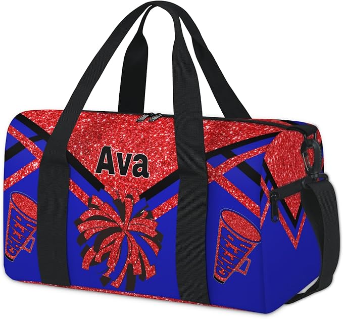 Personalized Teens Sport Duffle Gymnastics Bag, Custom Name Cheerleaders Carry On Weekender Bag for Women Travel Business Trip, Red Sequins Glitter Black Royal Blue