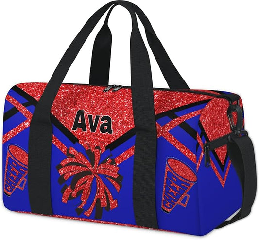 Personalized Teens Sport Duffle Gymnastics Bag, Custom Name Cheerleaders Carry On Weekender Bag for Women Travel Business Trip, Red Sequins Glitter Black Royal Blue