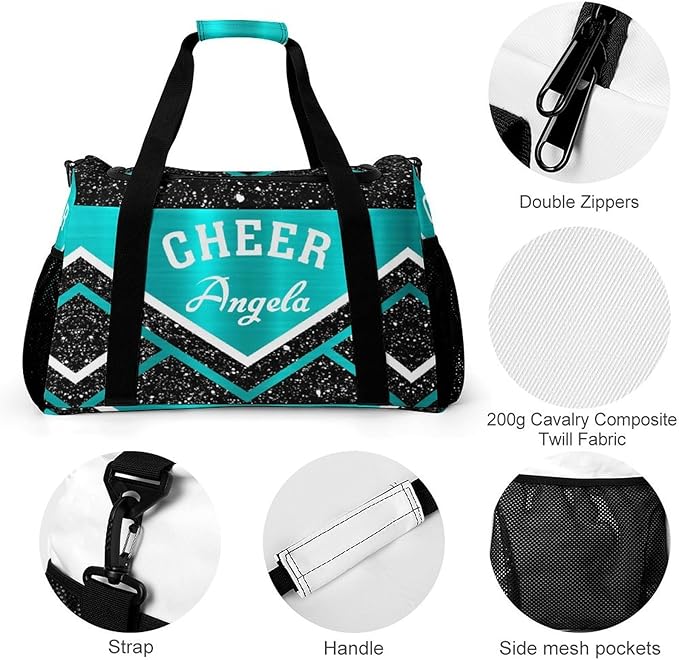Personalized Name Sports Player Duffel Bags with Adjustable Shoulder Strap for Shoes Cheer Teal Blue Cheerleading Stripes Handheld Crossbody Travel Bag