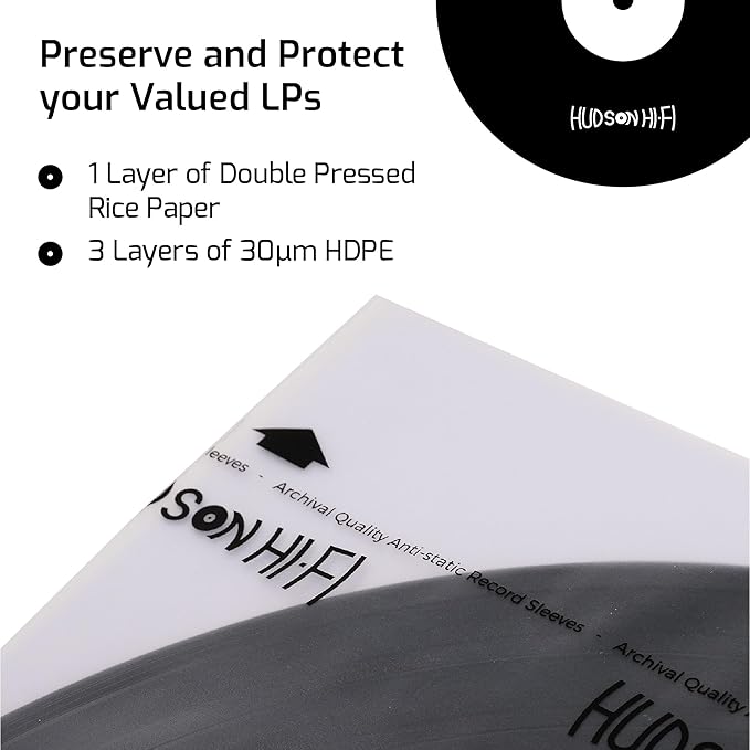 Hudson Hi-Fi Anti-Static Vinyl Record Sleeves - Durable Clear Disc Sleeves- Protect Your LP Albums from Scratches, Dust & Dirt - Acid-Free Rice Paper Disc Covers, 250x Inner Sleeves
