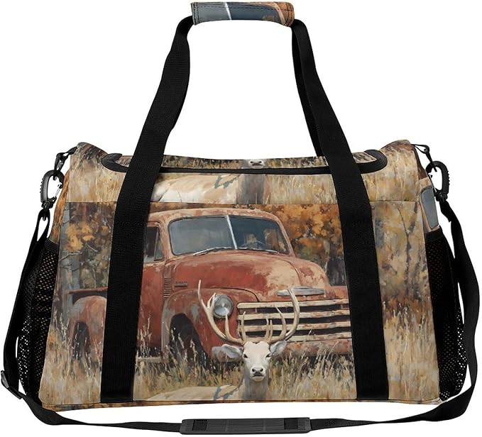 Old Truck Deers Autumn Forests Duffle Bag Gym Bag for Workout Travel Tote with Detachable Straps