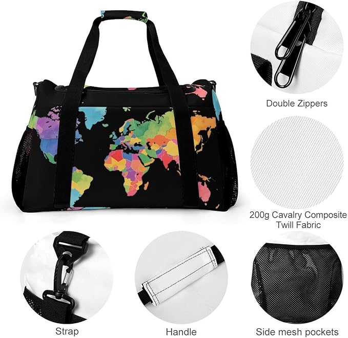 Colorful World Map Duffle Bag Gym Bag for Workout Travel Tote with Detachable Straps