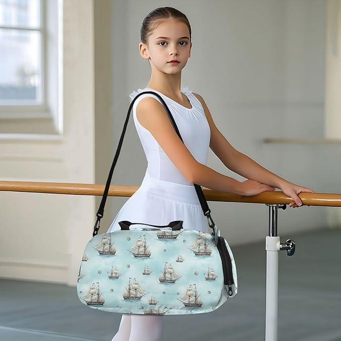 VIGTRO Nautical Ships Blue Water Kids Overnight Travel Duffel Bag Sport Gym Bag for Boys Girls with Shoe Compartment, Carry On Weekender Luggage Bag for Dance Swim Yoga