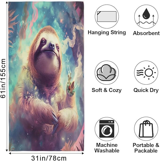 Sloth Fog Floating Beach Towel, Large Microfiber Quick Dry Lightweight Pool Bath Towels Sand Free Beach Blanket for Summer Cruise Yoga Camping Travel Vacation Essentials 31 x 61 in