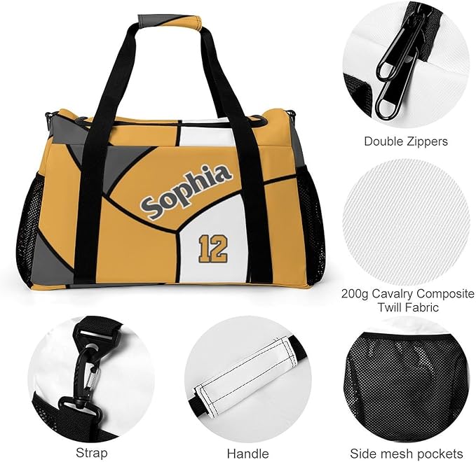 Custom Volleyball Gold Duffel Bag with Name Personalized Travel Bags Sport Gym Bag Carry On Weekender Bags for Men Women