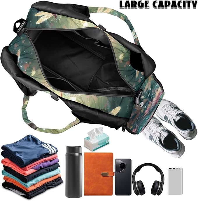 Capybara Dragonfly Sport Travel Duffle Bag with Shoe Compartment Women's Large Tote Bag for Beach Swim Airplane Weekender Carry on Bags Ladies Overnight Organizer