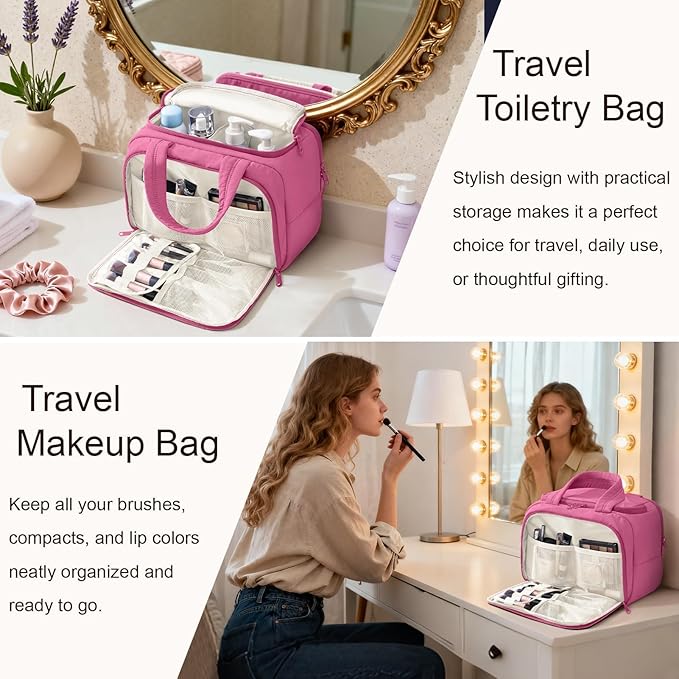 Travel Toiletry Bag for Women, Lightweight Large Quilted Puffy Makeup Bag Wide-open Make up Organizer Cloud Cosmetic Bag w/Handle for Traveling, Toiletries Essentials Accessories Rose Pink