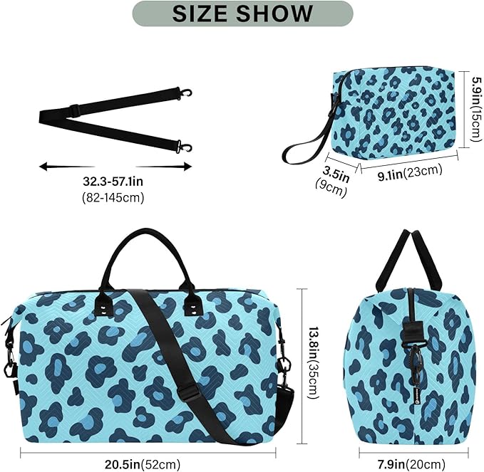 Travel Duffle Bag, Leopard Blue Pattern Gym Bag with Storage Bag Weekender Overnight Bag for Men Women Trip Sports Yoga