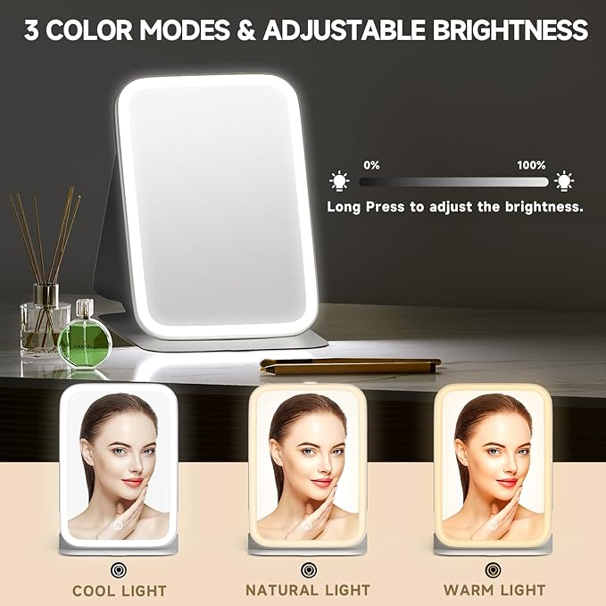 Mocado Travel Makeup Mirro with Lights, 360° Rotation Lighted Makeup Mirror, Portable Mirror with 10x Magnification, 60LEDs 3 Color Lightings, Dimmable Touch Screen, Tabletop Light up(Purple)