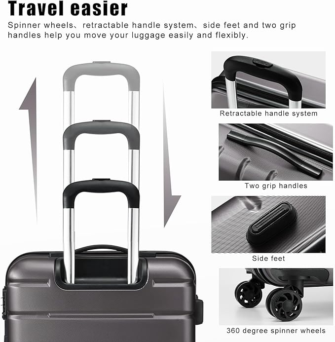 Coolife Luggage Suitcase Carry-on Spinner TSA Lock USB Port Expandable (only 28’’) Lightweight Hardside Luggage (Gray, M(24in))