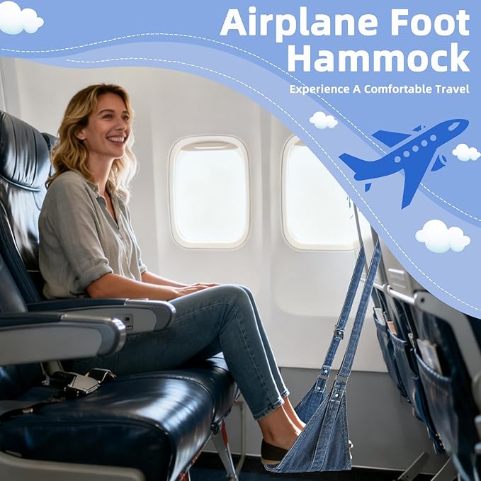 Airplane Foot Hammock, No Collapse Foot Rest for Plane Travel with Extended Adjustment Strap, Portable Desk Foot Hammock with,Cotton Denim, Foot Sling Travel Essentials to Relax Your Feet (Dark Blue)