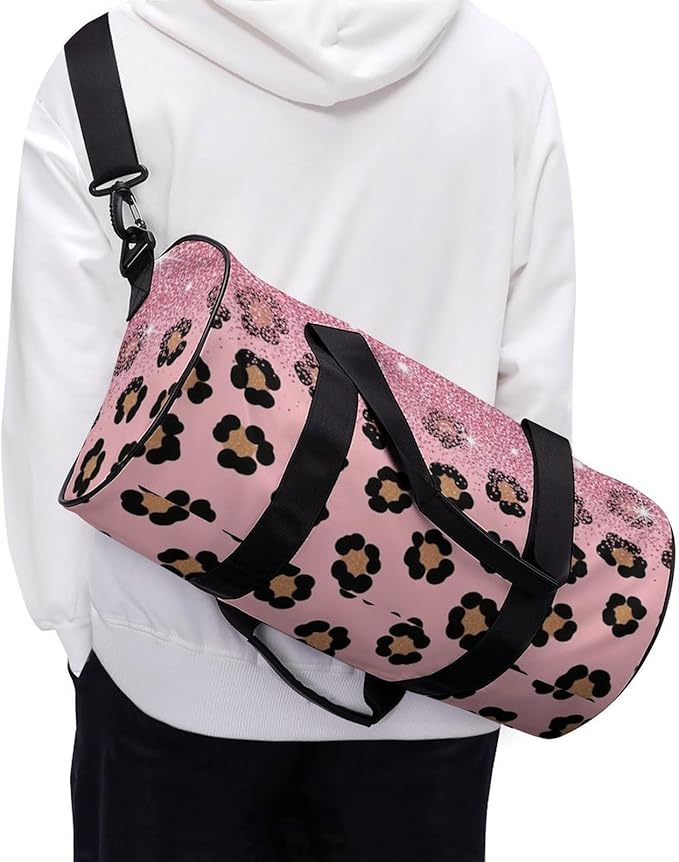 Lightweight Travel Sports Carry On Bag Pink Glitter Sparkles Cheetah Leopard Print Basketball Football Weekender Bag Sport Gym Fitness Tote