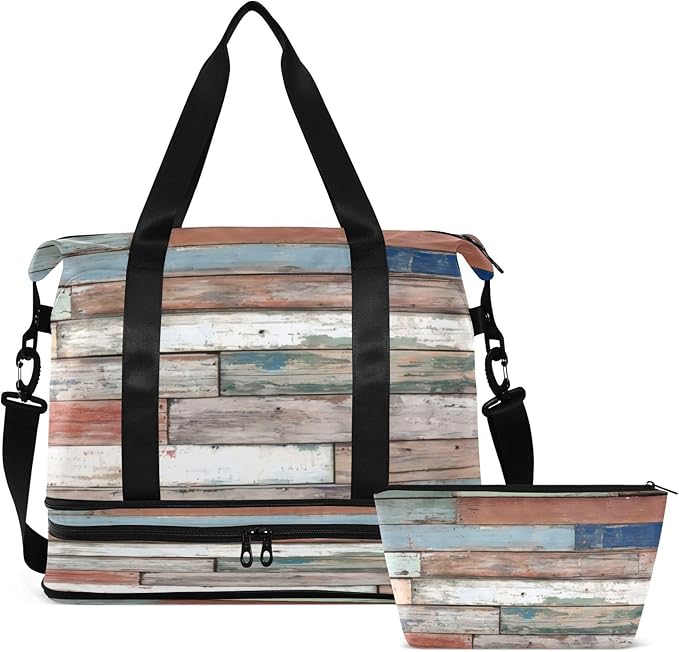 Travel Duffel Bags for Women Distressed Multicolour Wood Print Sports Duffel Bags Gym Bags with Shoes Compartment Tote Bag Weekender Bag for Travelling