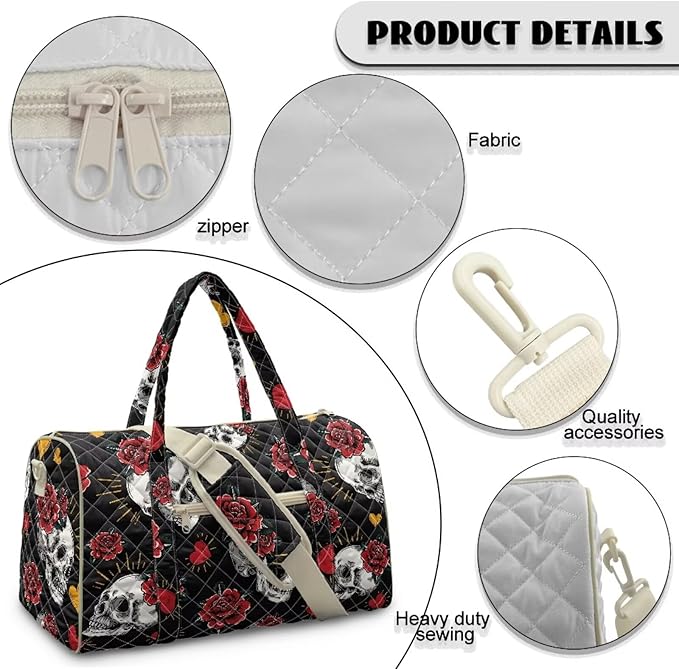 COEQINE Black Red Rose Skull Goth Quilt Duffle Bag for Women Travel Halloween Purses for Womens Quilted Tote Bag For Women Duffel Bag Lightweight Weekend Bag with Zipper Pocket Dance Bag Organizer
