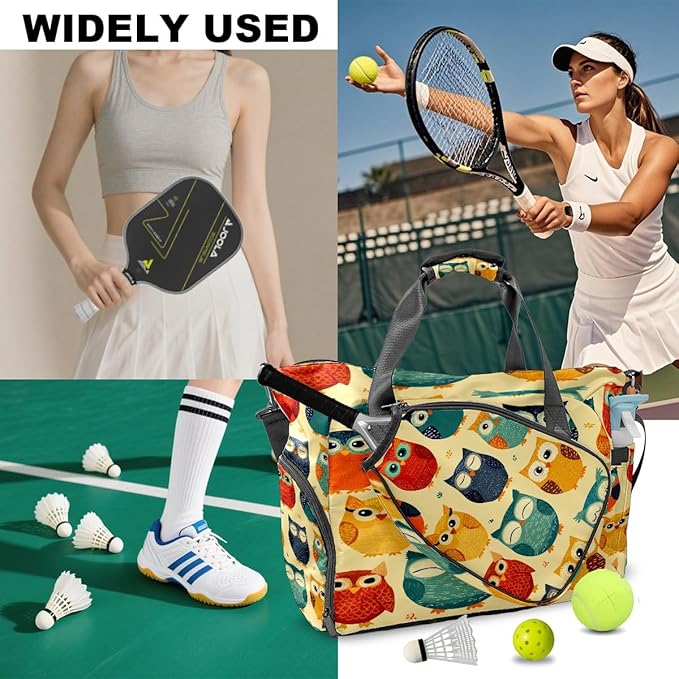 Playful Owl Yellow Gym Bag for Women & Tennis Bag, Large Sports Duffel Bag Waterproof with Ventilated Shoe Compartment & Front Racket Sleeve, Lightweight Travel Weekender Overnight Bag