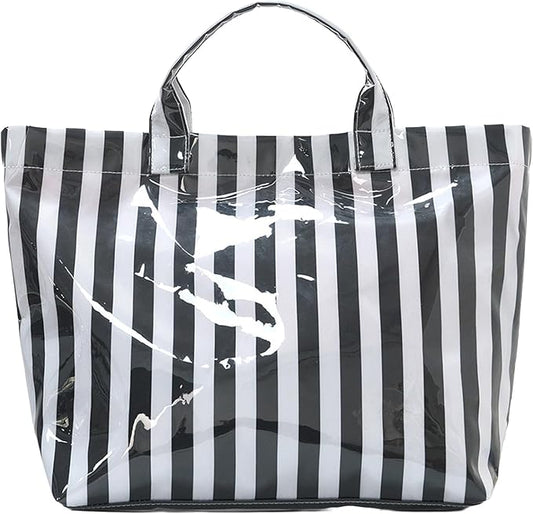 JQWYGB Striped PVC Tote Bag Large Glossy Striped Handbags Waterproof Top Handle Bag Plastic Tote Handbag Beach Travel Work