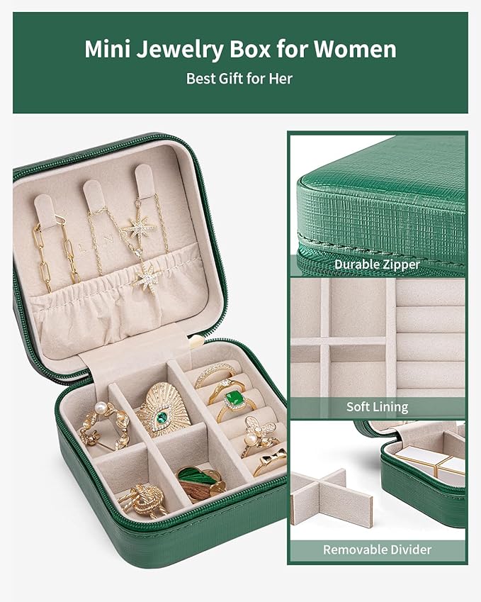 VLANDO Travel Jewelry Case - Teacher Appreciation Gifts for Women - Small Jewelry Travel Organizer Box Travel Essentials Gift for Teen Girl Women - Dark Green