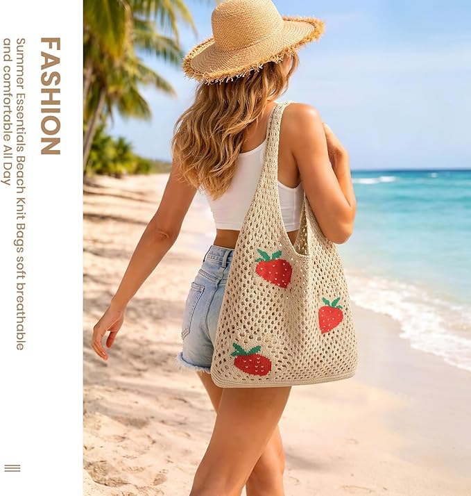 SUOSDEY Crochet Mesh Beach Tote Bag, Knit Summer Vacation Aesthetic Boho Tote Bag for Women