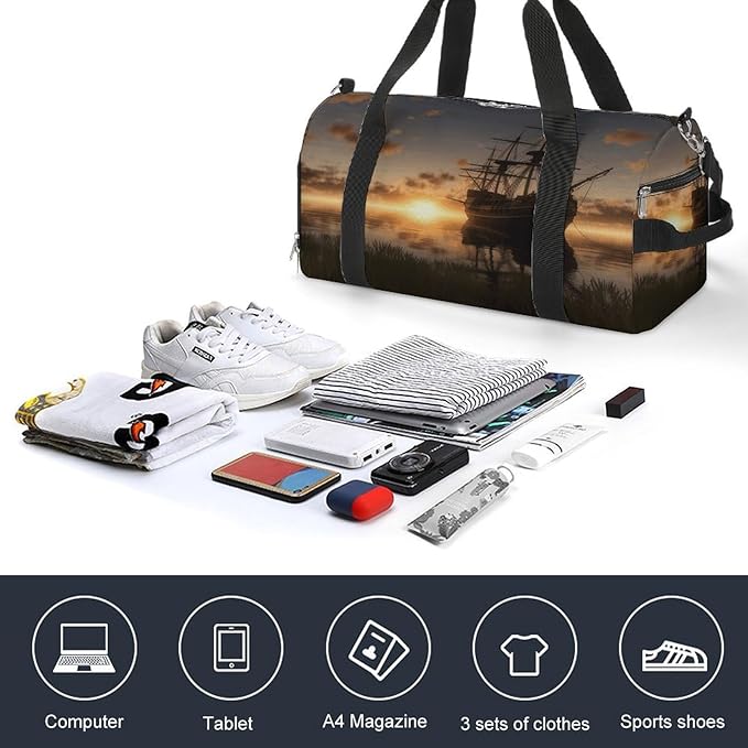 Ship in The Lake Sunset Gym Bag Lightweight ，Travel Duffle Bag with Shoe Compartment，Gym Bag for Women for Overnight, Weekend, Yoga, Gym, Business Trips, Sport And Hospital.