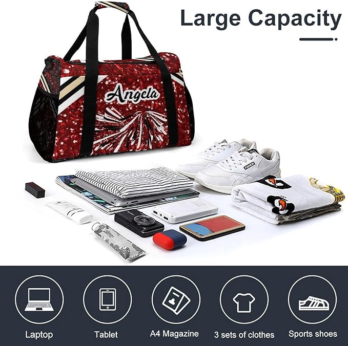 Cheer Red Maroon Glitter Sequin Print Travel Bag, Customized Duffel Bags, Overnight Bag, Personalized Gift, Workouts Gym Casual Bag, Perform Backpacks