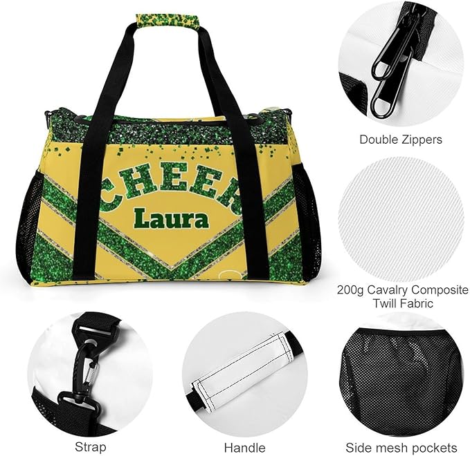 Personalized Cheer Bag Gifts for Girls Sport Cheerleading Gym Travel Duffel Bag Overnight Weekender Bags with Name (Yellow Green)