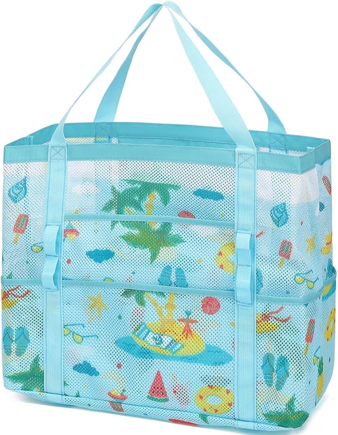 Mesh Beach Bag, Large Beach Tote with Zipper Pocket, Toys Pool Bag for Family Travel Vacation Cruise Essentials